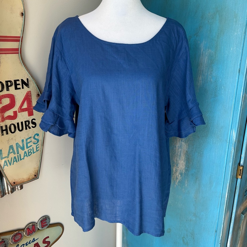 Kori Blue To The Office Linen Blend Ruffle Sleeve Lightweight Blouse Top Coastal